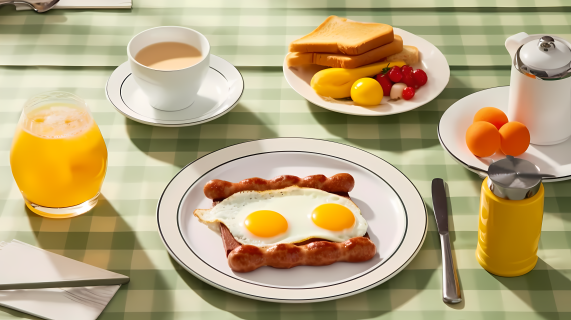 丰盛的咖啡面包煎蛋烤肠法早餐摄影图