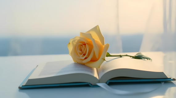 海边浪漫黄玫瑰与开卷书摄影图
