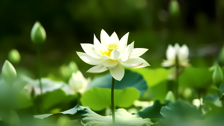 绿色自然背景下的白色莲花摄影图版权图片下载