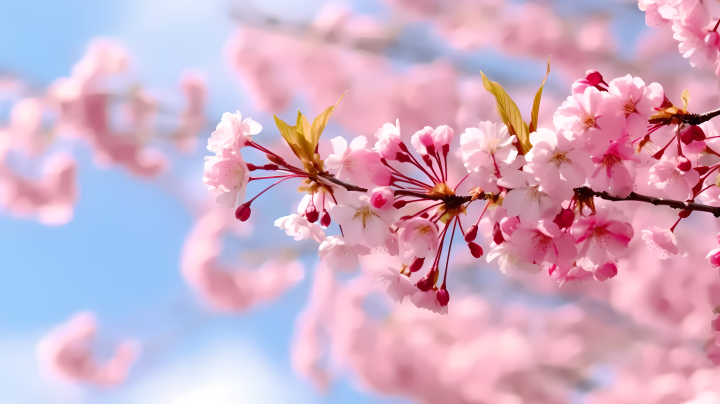 粉色花朵与蓝天背景的日式风格摄影图版权图片下载