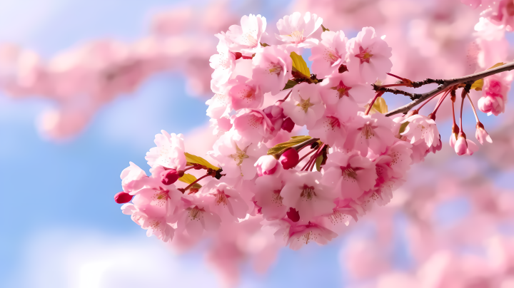 日式风格下的粉色花朵与蓝天摄影图版权图片下载
