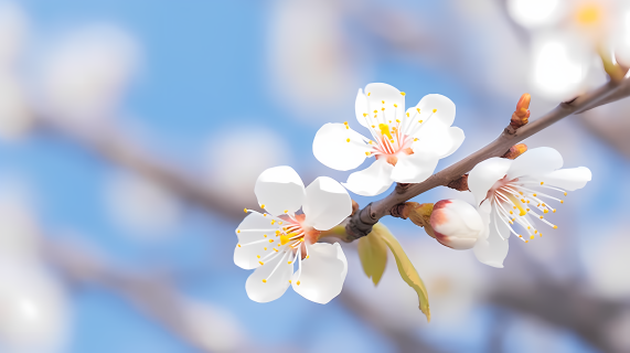 梦幻粉色花枝对着蓝天的摄影图片