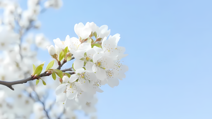 轻盈的白花枝在浅蓝色天空背景下的摄影图版权图片下载