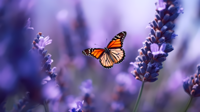 紫色薰衣草上的蝴蝶摄影图