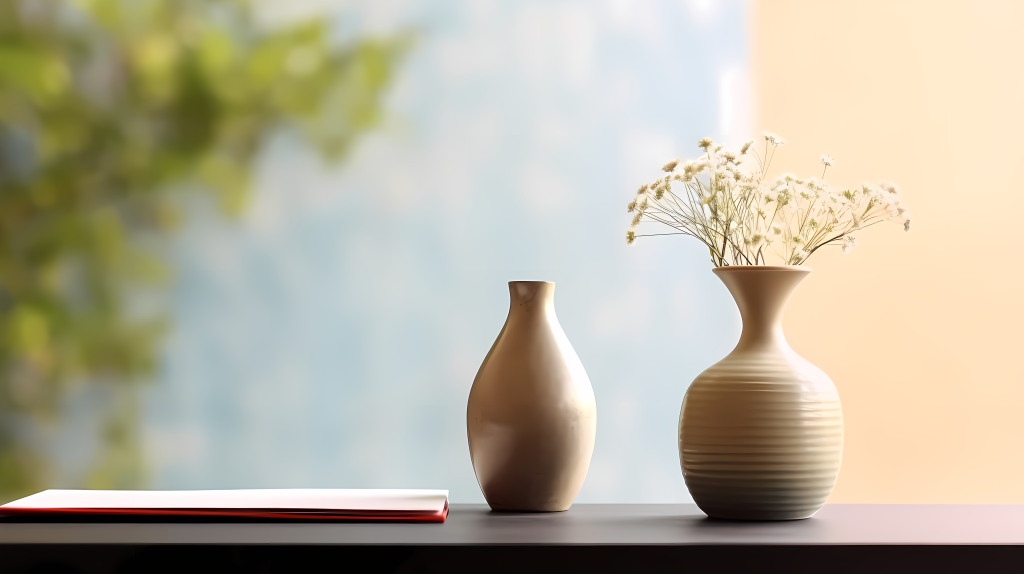 日式简约风三个花瓶和一幅画摄影版权图片下载