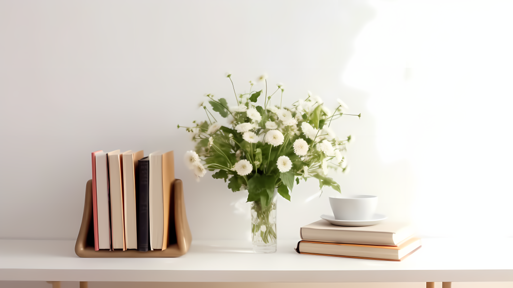 干净整洁的白墙上鲜花书摄影版权图片下载