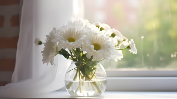 窗台上的室内浪漫白花束摄影图
