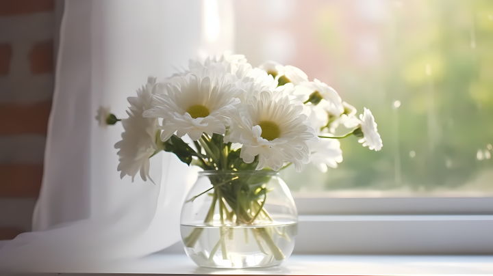 窗台上的室内浪漫白花束摄影图版权图片下载