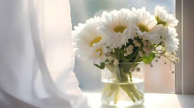 窗台上的淡雅白花束摄影图