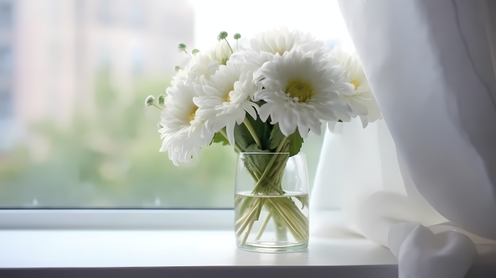 窗台上的白花束摄影图版权图片下载