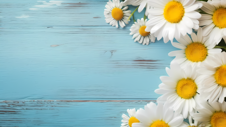 婴儿蓝色背景上的花朵与雏菊摄影版权图片下载