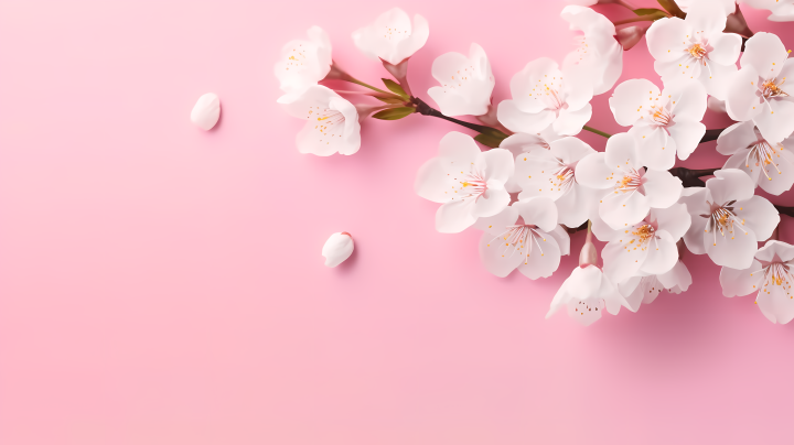 粉色背景下的白樱花花瓣摄影图版权图片下载