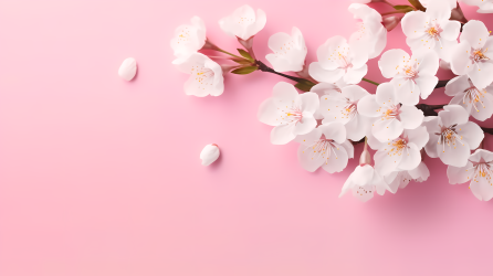 粉色背景下的白樱花花瓣摄影图