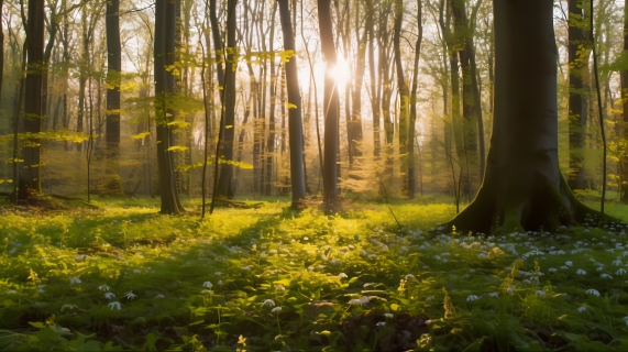 阳光透过林叶照耀森林地面摄影图片