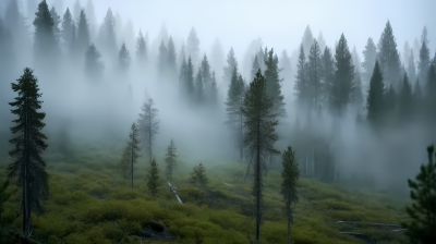 苍翠树林迷雾缭绕的自然风光摄影图