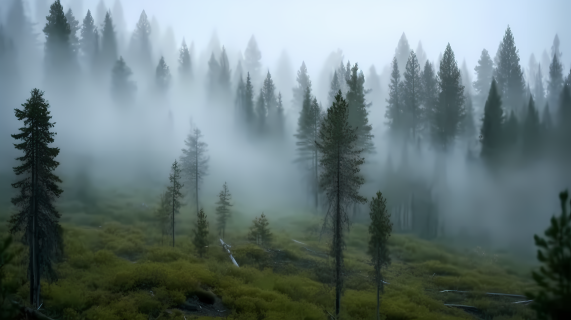苍翠树林迷雾缭绕的自然风光摄影图