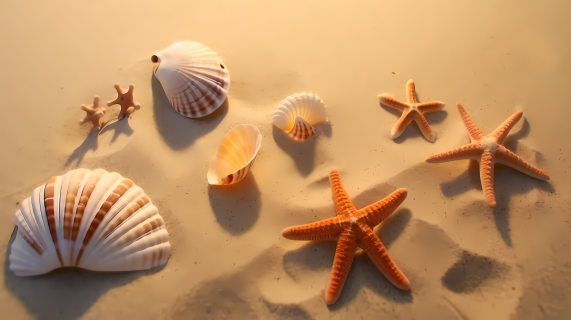 海滩上的海星与贝壳摄影图