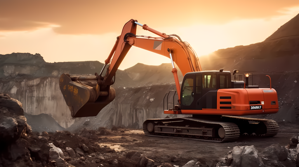 岩石采场落日挖掘机作业高清摄影版权图片下载