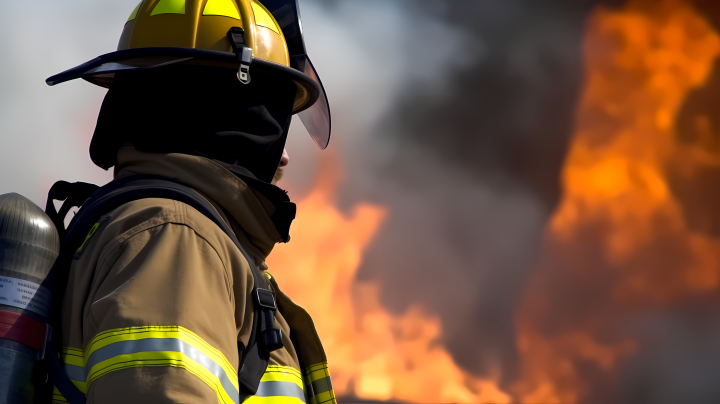 消防员在火与烟云前挺身而出的摄影版权图片下载