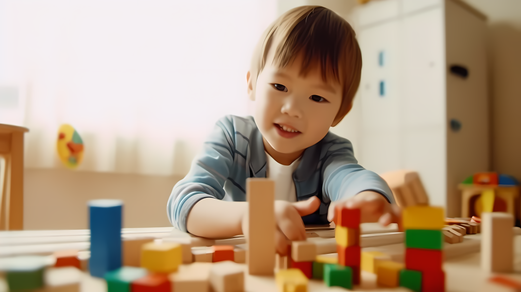 阳光房里的搭积木可爱男孩摄影版权图片下载