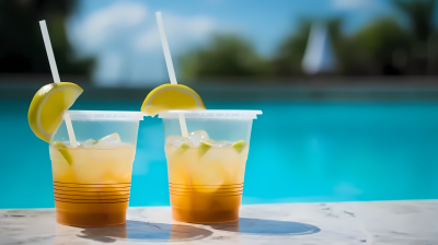 夏日饮品泳池边两杯冰柠檬汽水图片