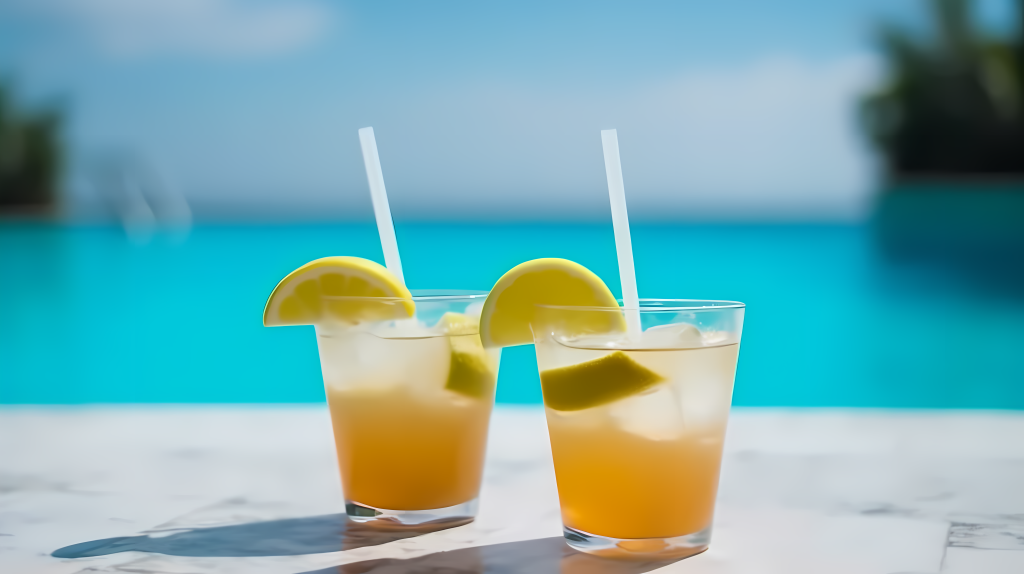 泳池旁的冰柠檬饮料摄影版权图片下载