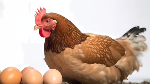 母鸡躺在蛋旁的摄影图片
