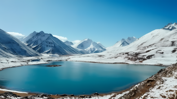 雪山环湖暗蓝翠蓝的风景摄影图