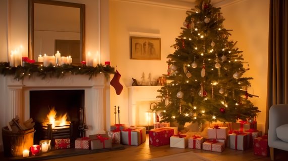 温馨圣诞：壁炉前的装饰圣诞树摄影图片
