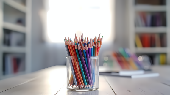 彩色铅笔在校内桌面上的摄影图片