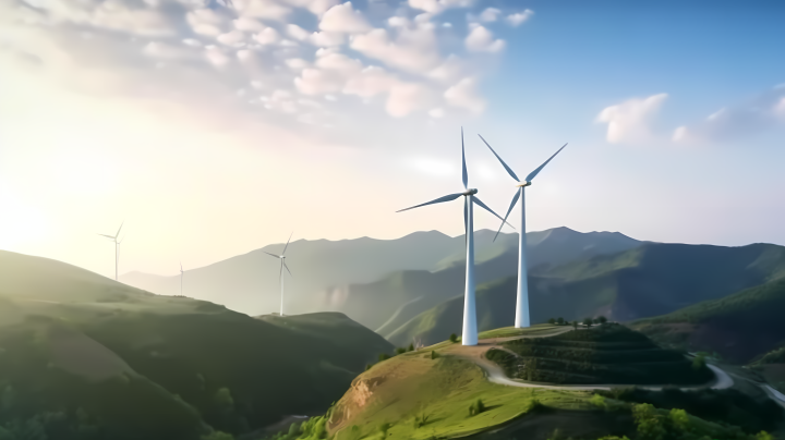山顶风力发电机与翠绿山丘自然风光摄影版权图片下载