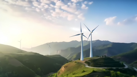 山顶风力发电机与翠绿山丘自然风光摄影图片