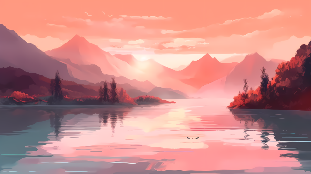 梦幻湖畔落日摄影图