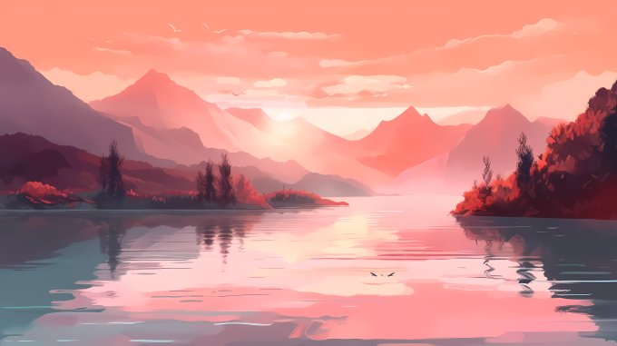 梦幻湖畔落日摄影图