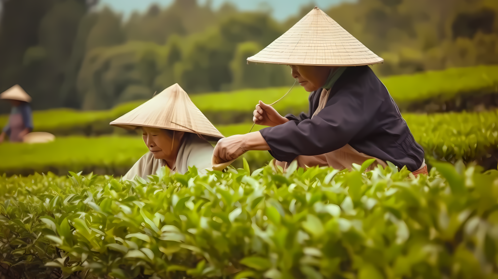 茶园春色草帽采茶摄影版权图片下载