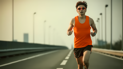 中国年轻男子穿橙色背心奔跑摄影图片