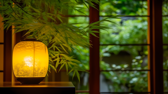 富山寺院的禅园外部照明摄影图片
