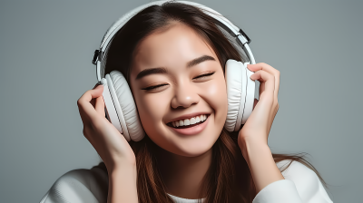 年轻亚洲女子戴着音乐耳机微笑着摄影图