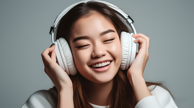 年轻亚洲女子戴着音乐耳机微笑着摄影图