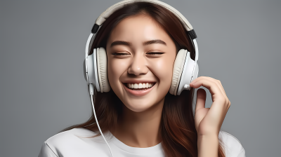 音乐耳机年轻亚洲女性微笑照片