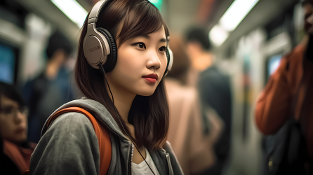 亚洲女子地铁戴耳机，Intel Core风格青春主角游戏核心摄影图