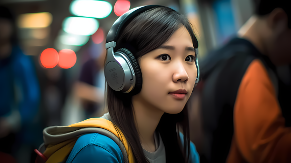 地铁上戴着耳机的亚洲女性