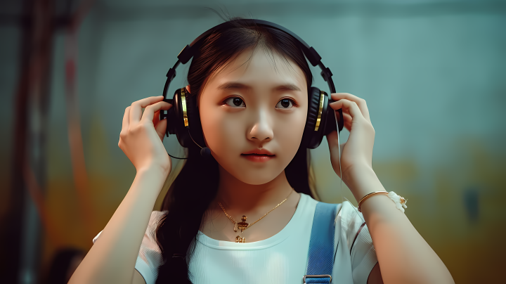 亚洲女孩戴耳机欣赏音乐摄影版权图片下载