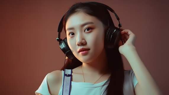 亚洲女孩戴耳机听音乐摄影图片