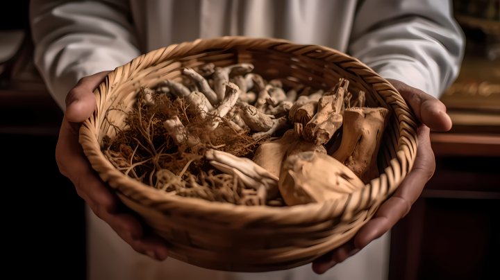 药膳烹饪草药篮子古风灰白与淡棕色摄影图版权图片下载