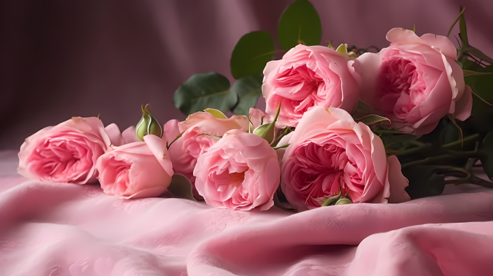 粉色花瓣绽放在粉色绸面上的静物摄影图版权图片下载