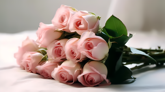 白桌上淡粉色玫瑰花束摄影图
