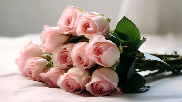 白桌上淡粉色玫瑰花束摄影图版权图片下载
