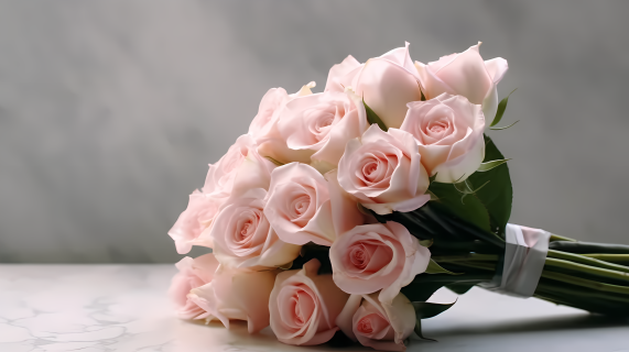 白桌上淡粉色玫瑰花束摄影图
