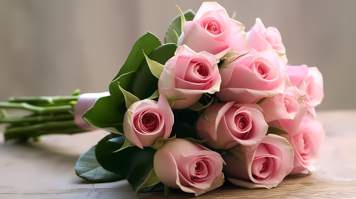 白桌上淡粉玫瑰花束摄影图版权图片下载